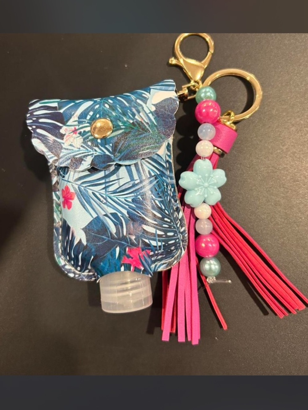 Tropical Blue Floral Hand Sanitizer Holder Keychain with Pink Tassel